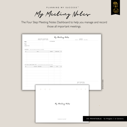 Planning My Success printable meeting notes dashboard A4 PDF
