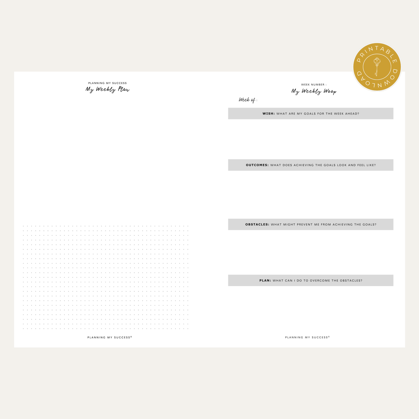 PRINTABLE Planning my Success -  Undated Inserts Pack (Day on One Page) - PLANNING MY SUCCESS