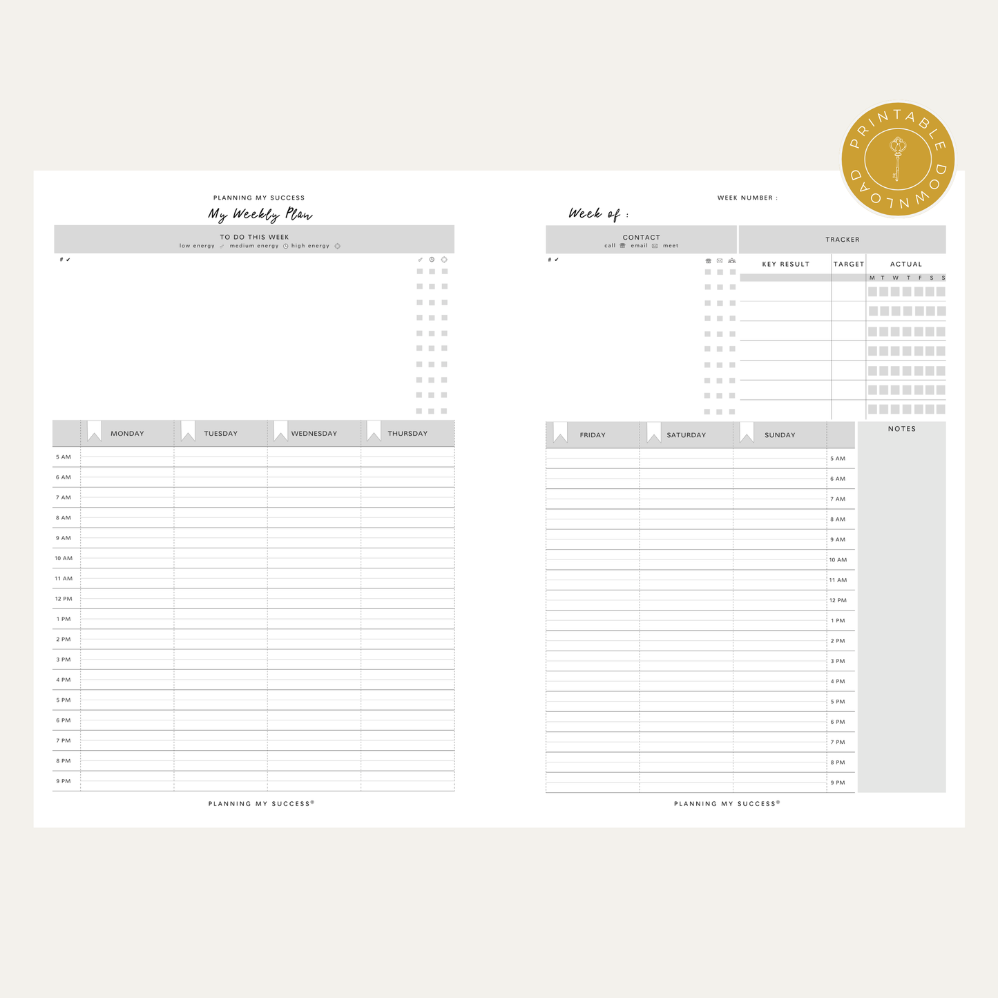 PRINTABLE Planning my Success - Undated Inserts Pack (Week on Two Page)