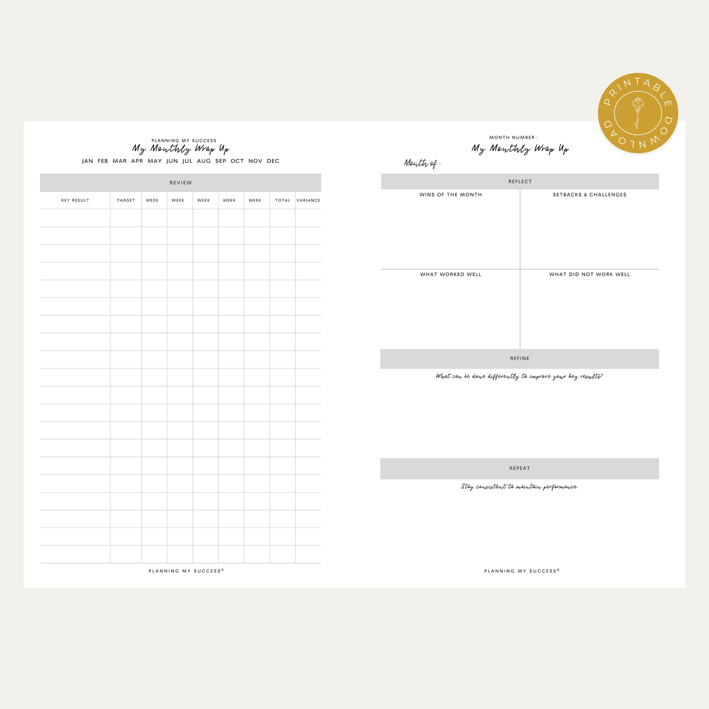 PRINTABLE Planning my Success -  Undated Inserts Pack (Day on One Page) - PLANNING MY SUCCESS