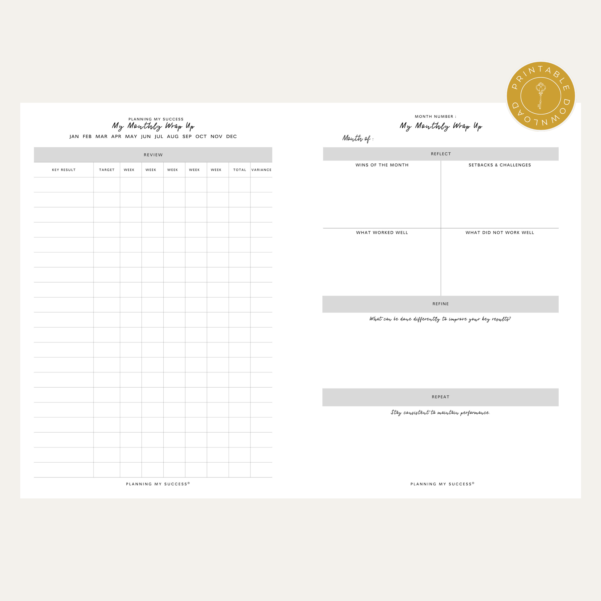 PRINTABLE Planning my Success -  Undated Inserts Pack (Day on One Page) - PLANNING MY SUCCESS