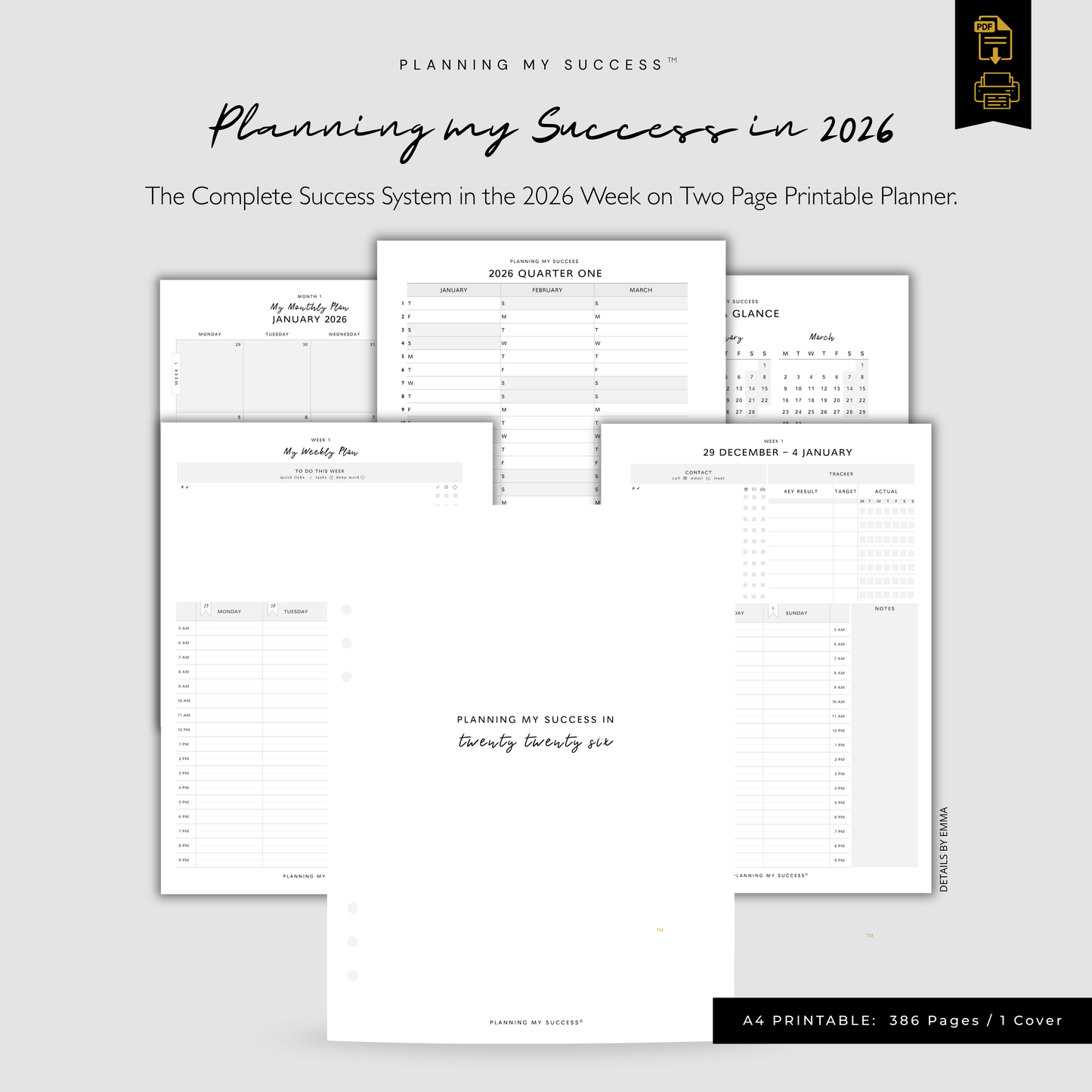 Planning My Success printable weekly planner dashboard A4 PDF