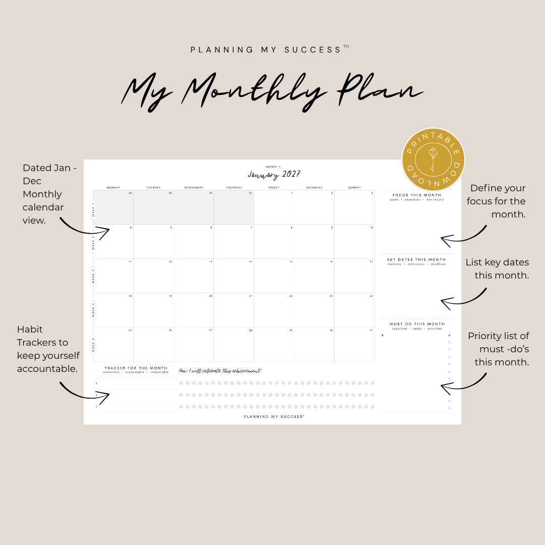 My Monthly Plan | Printable Monthly Planner Dashboard | Planning My Success™