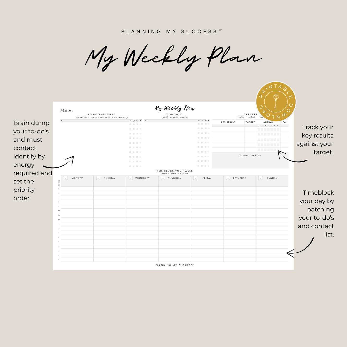 Planning My Success printable weekly planner dashboard A4 PDF