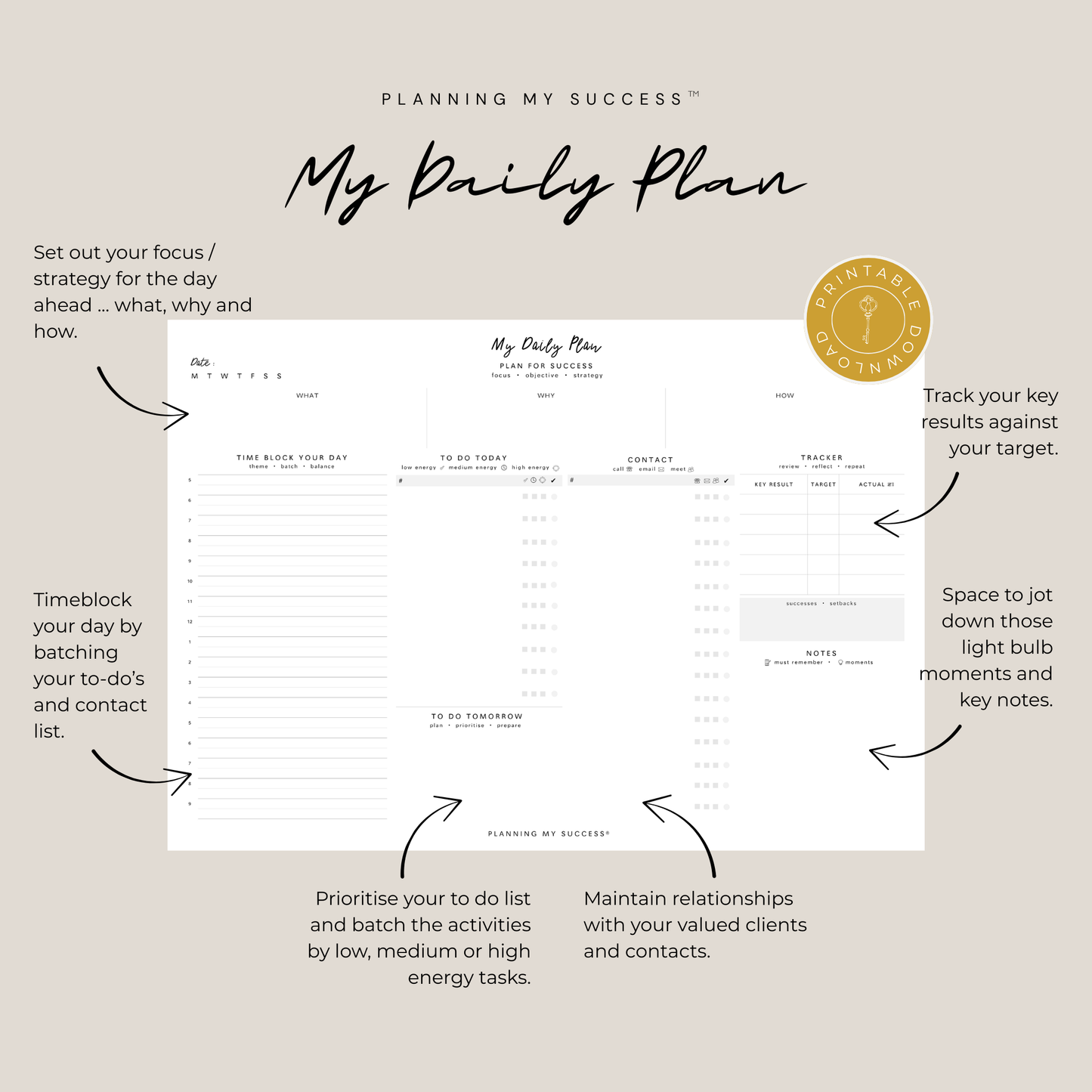 My Daily Plan | Printable Daily Planner for High Achievers | Planning My Success™ - PLANNING MY SUCCESS Printable Planners