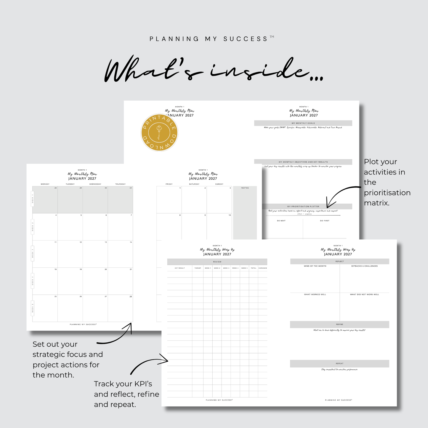 Planning My Success printable planner day on one page 2027 Year Planner A5 PDF