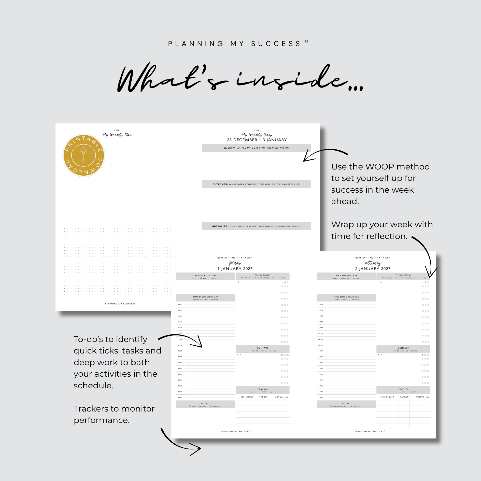 Planning My Success printable planner day on one page 2027 Year Planner A5 PDF
