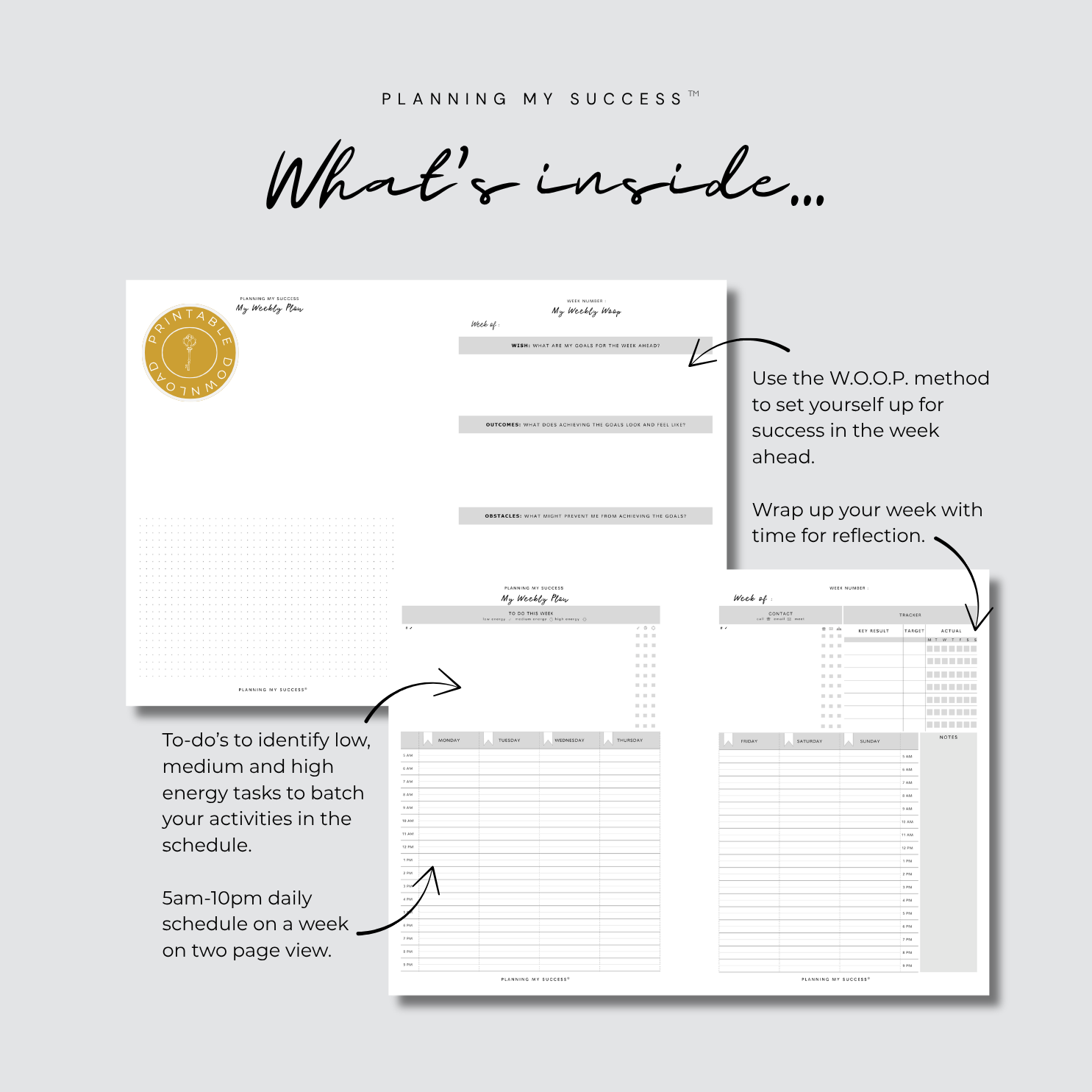 Planning My Success printable planner week on two page undated A5 PDF
