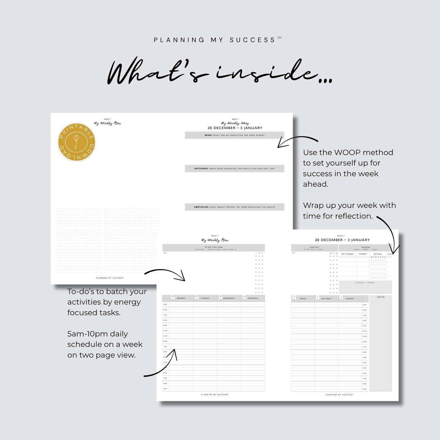 Planning My Success printable planner week on two page 2027 Year Planner A5 PDF