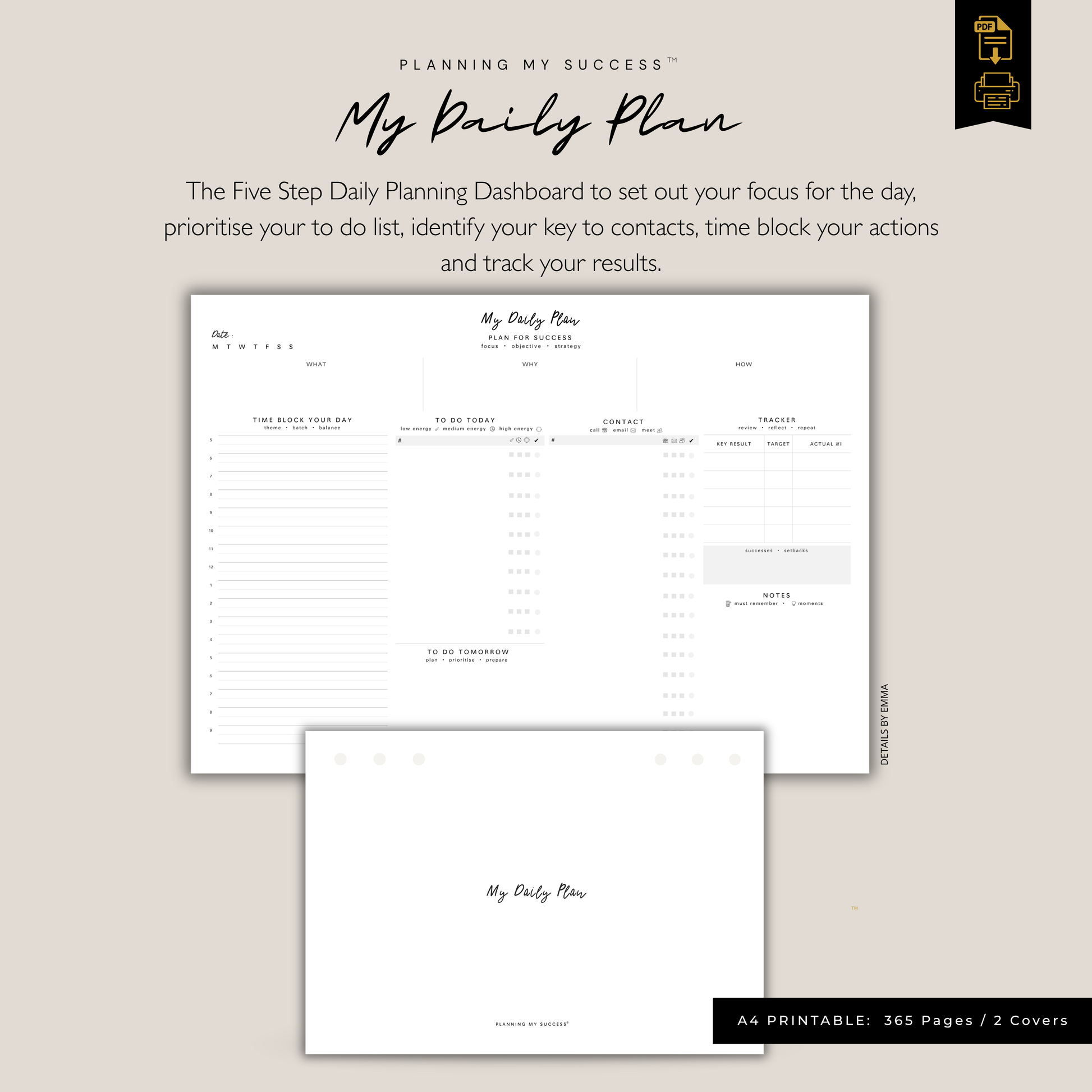 Planning My Success printable daily planner dashboard A4 PDF