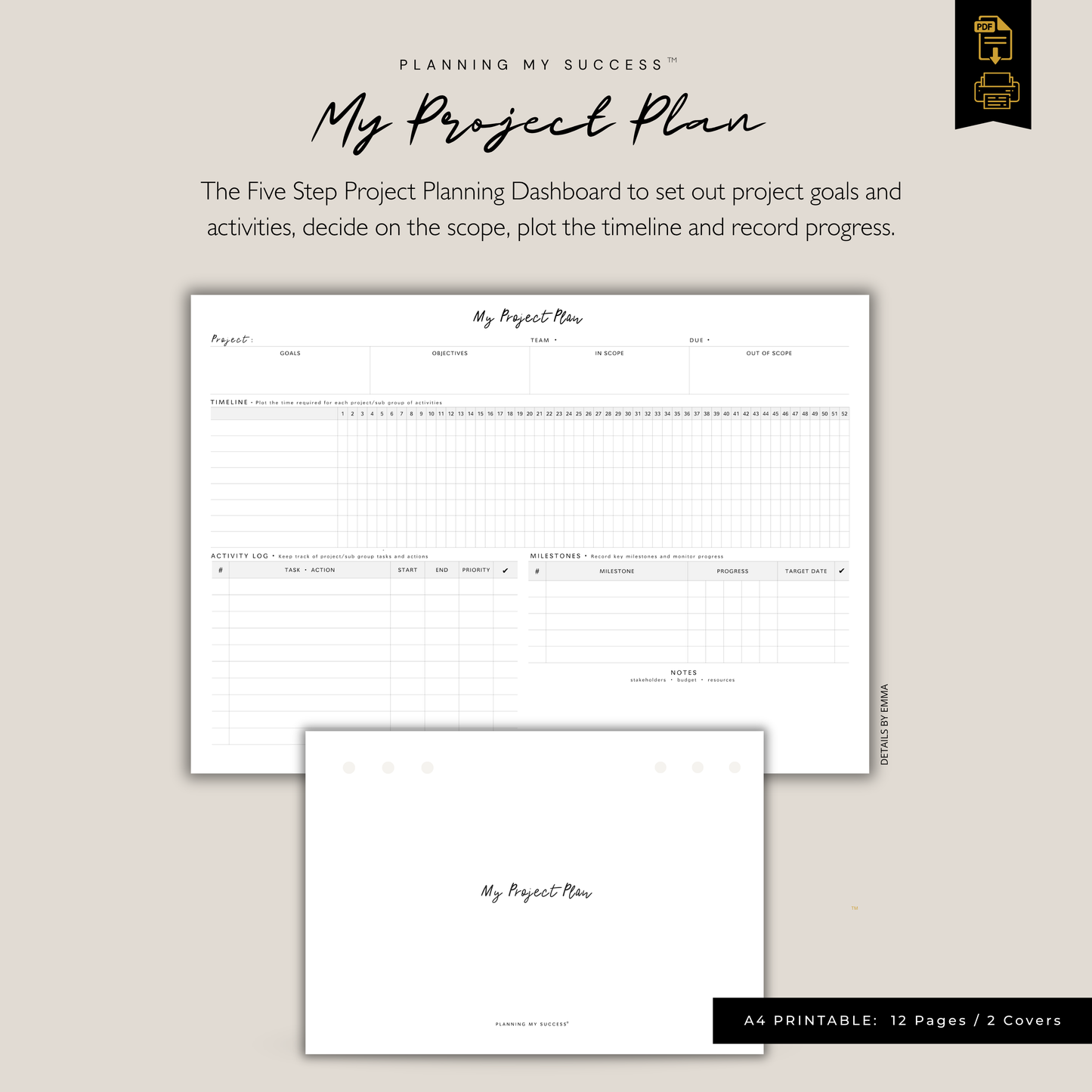 Planning My Success printable project management planner dashboard A4 PDF