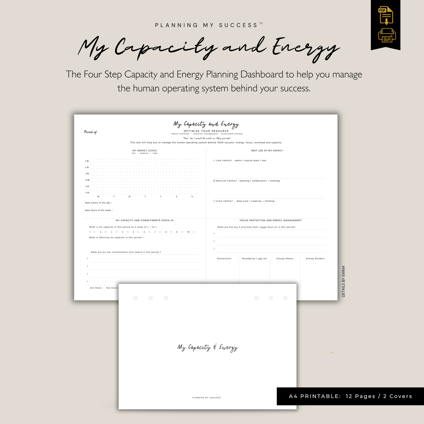 My Capacity & Energy | Printable Time Management Dashboard | Planning My Success™ - PLANNING MY SUCCESS Printable Planners