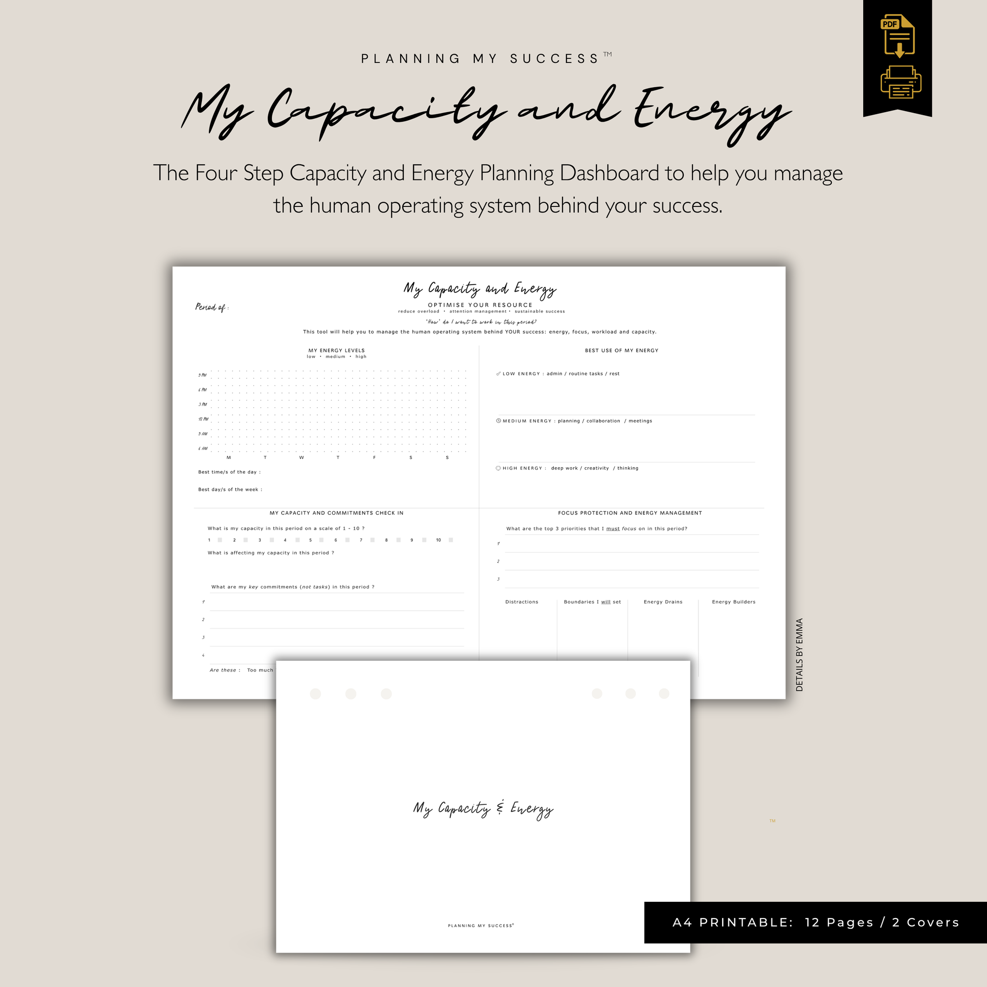 My Capacity & Energy | Printable Time Management Dashboard | Planning My Success™ - PLANNING MY SUCCESS Printable Planners