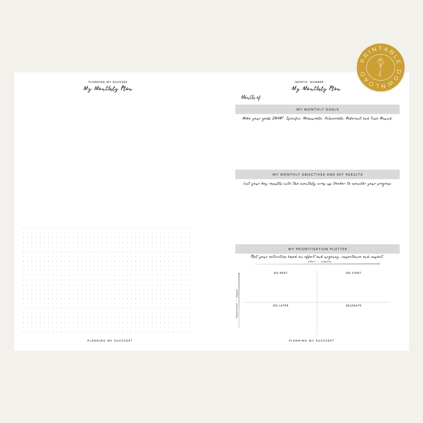 PRINTABLE Planning my Success -  Undated Inserts Pack (Day on One Page) - PLANNING MY SUCCESS