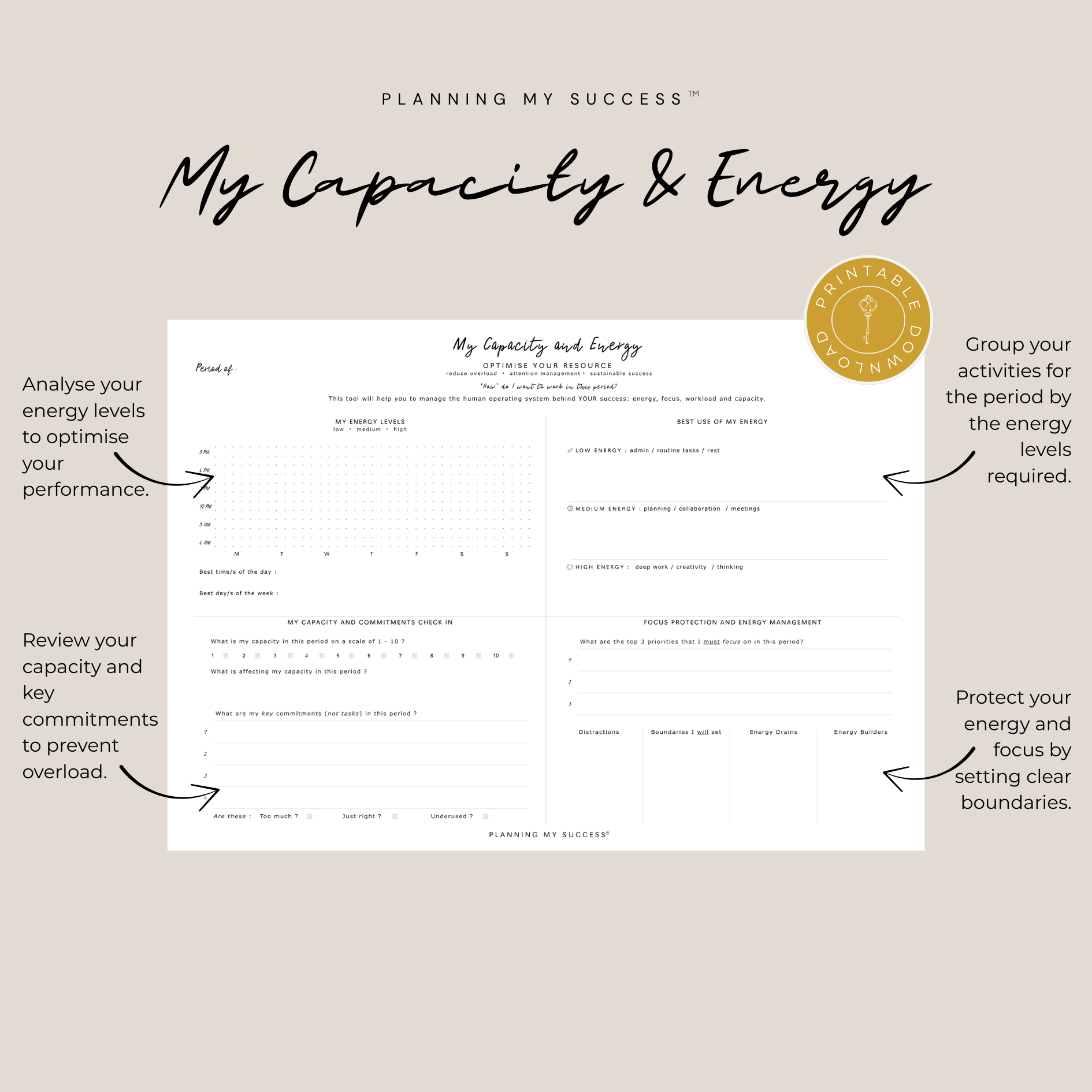 My Capacity & Energy | Printable Time Management Dashboard | Planning My Success™ - PLANNING MY SUCCESS Printable Planners