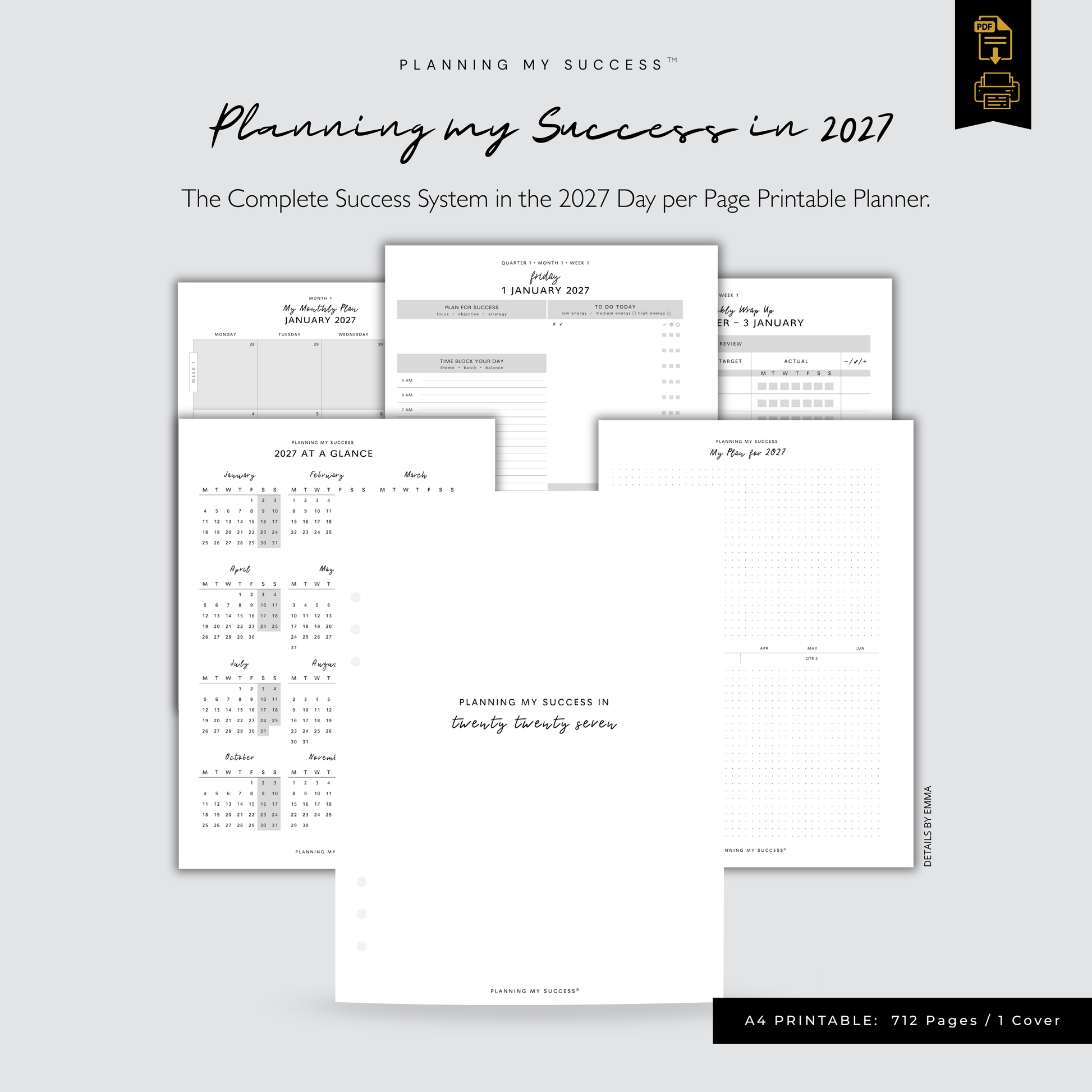 Planning My Success printable planner day on one page 2027 Year Planner A5 PDF