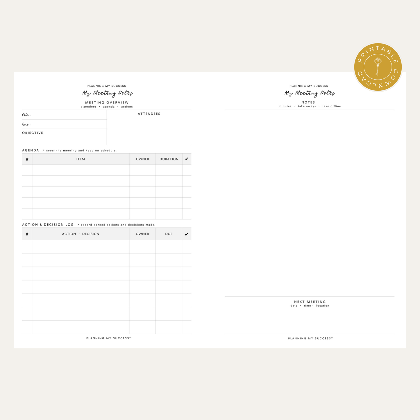 PRINTABLE Planning my Success in 2026 - Inserts Pack (Day on One Page Full Year Planner) - DETAILS BY EMMA