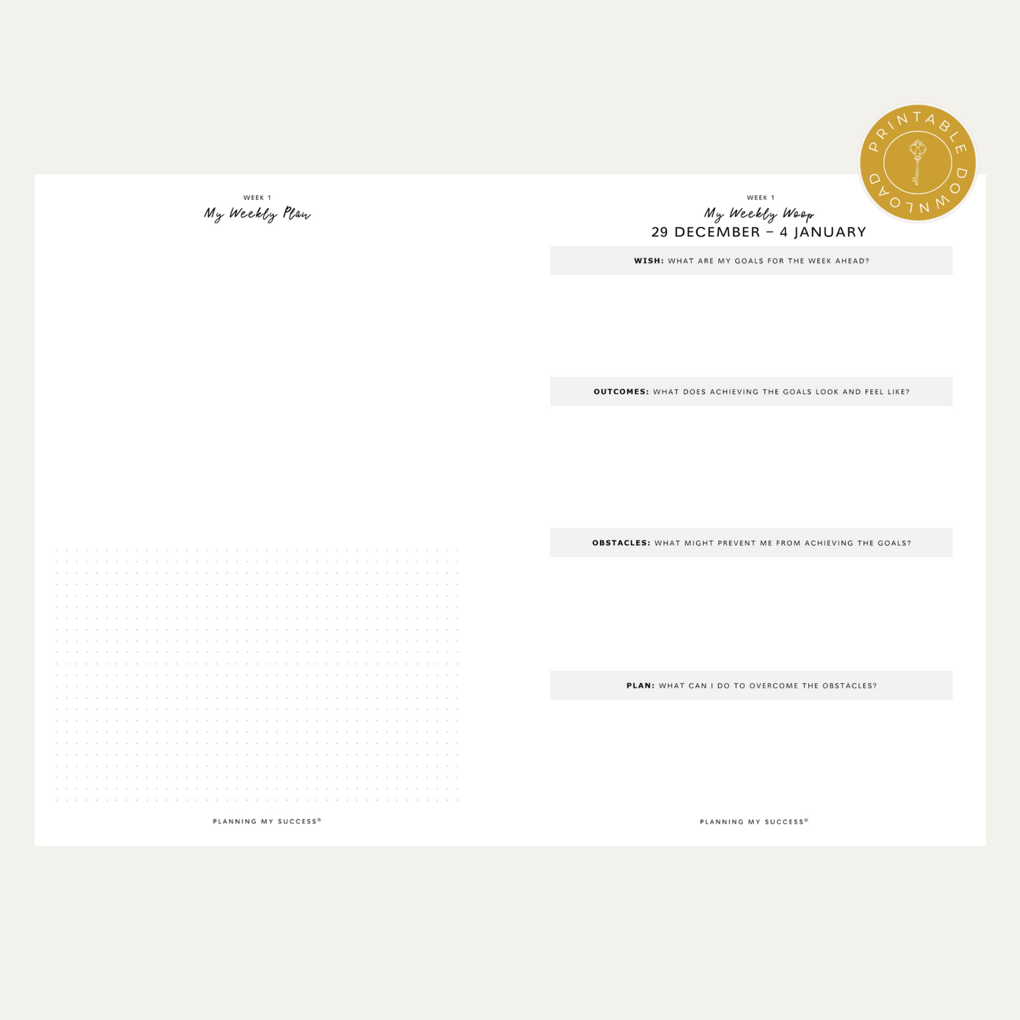 PRINTABLE Planning my Success in 2026 - Inserts Pack (Day on One Page Full Year Planner) - DETAILS BY EMMA