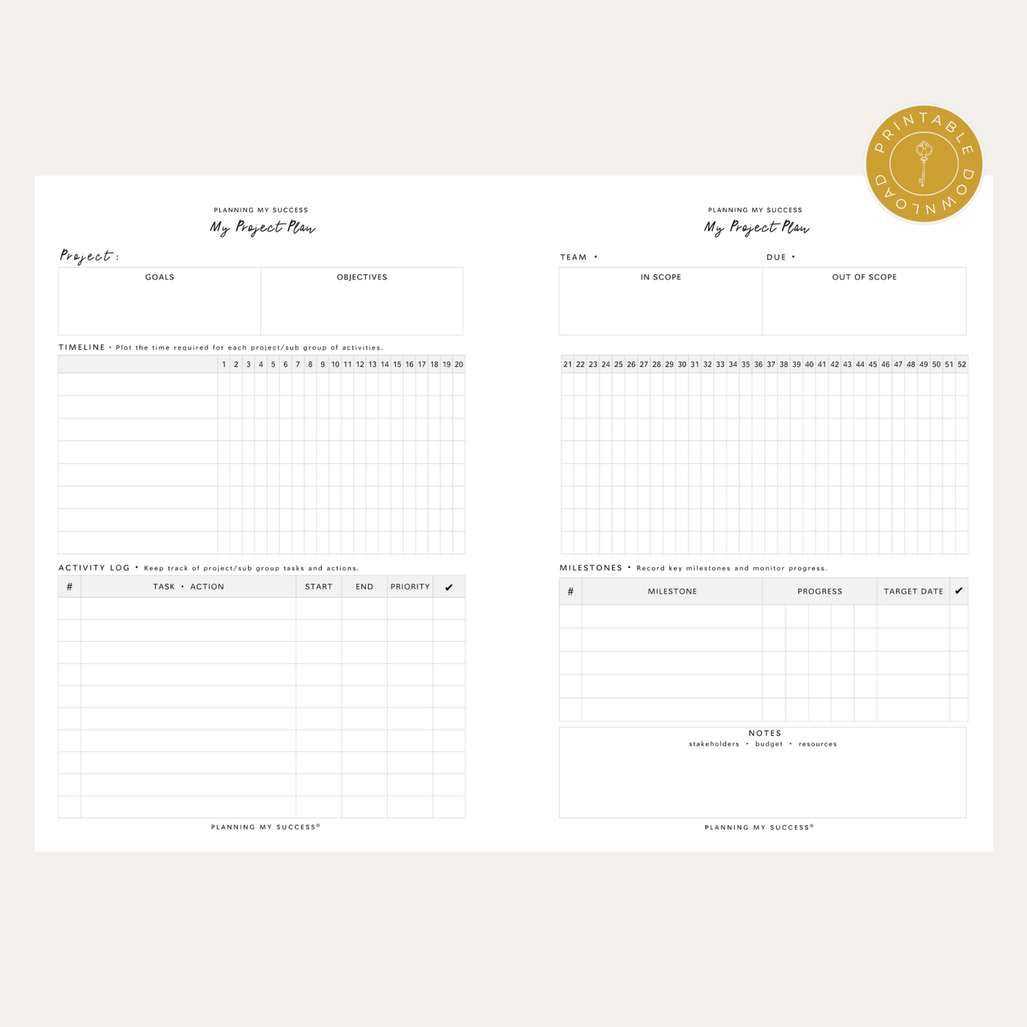 PRINTABLE Planning my Success - Undated Inserts Pack (Week on Two Page) - DETAILS BY EMMA